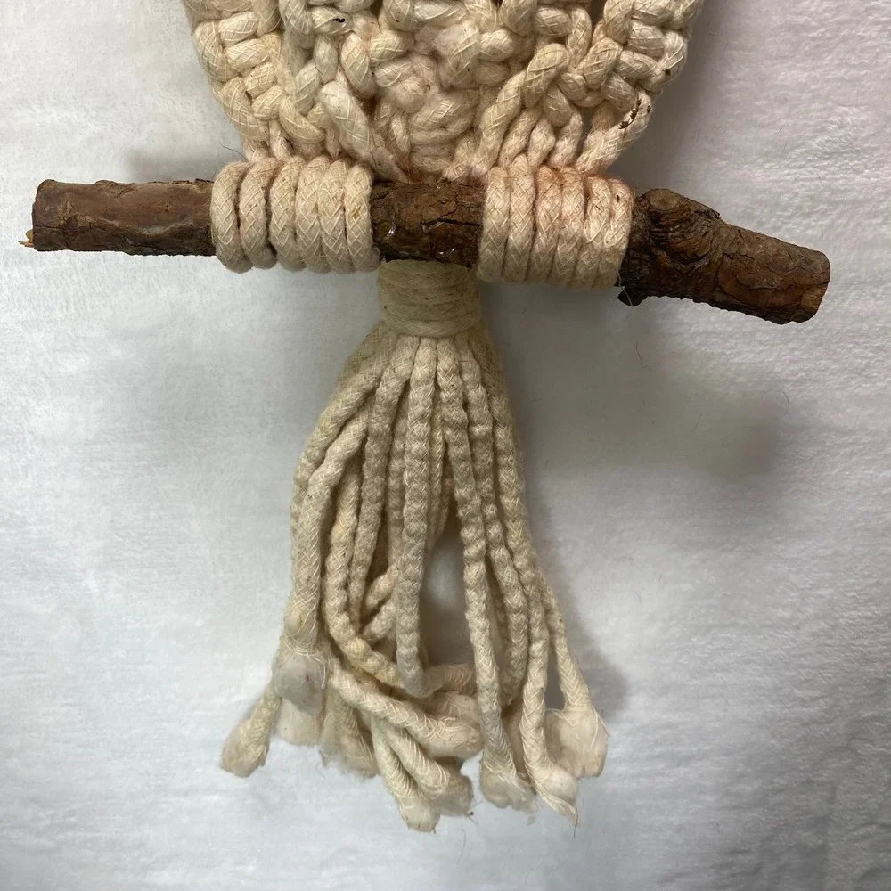 VTG 70s Boho Macrame Jute Owl Wood Wall Hanging Woven Driftwood Rustic Farmhouse
